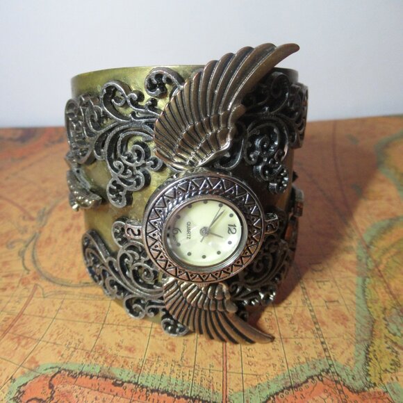 Steampunk Large Wrist Cuff Watch Face Wings Ornate Filigree Chunky Bracelet - Picture 2 of 15